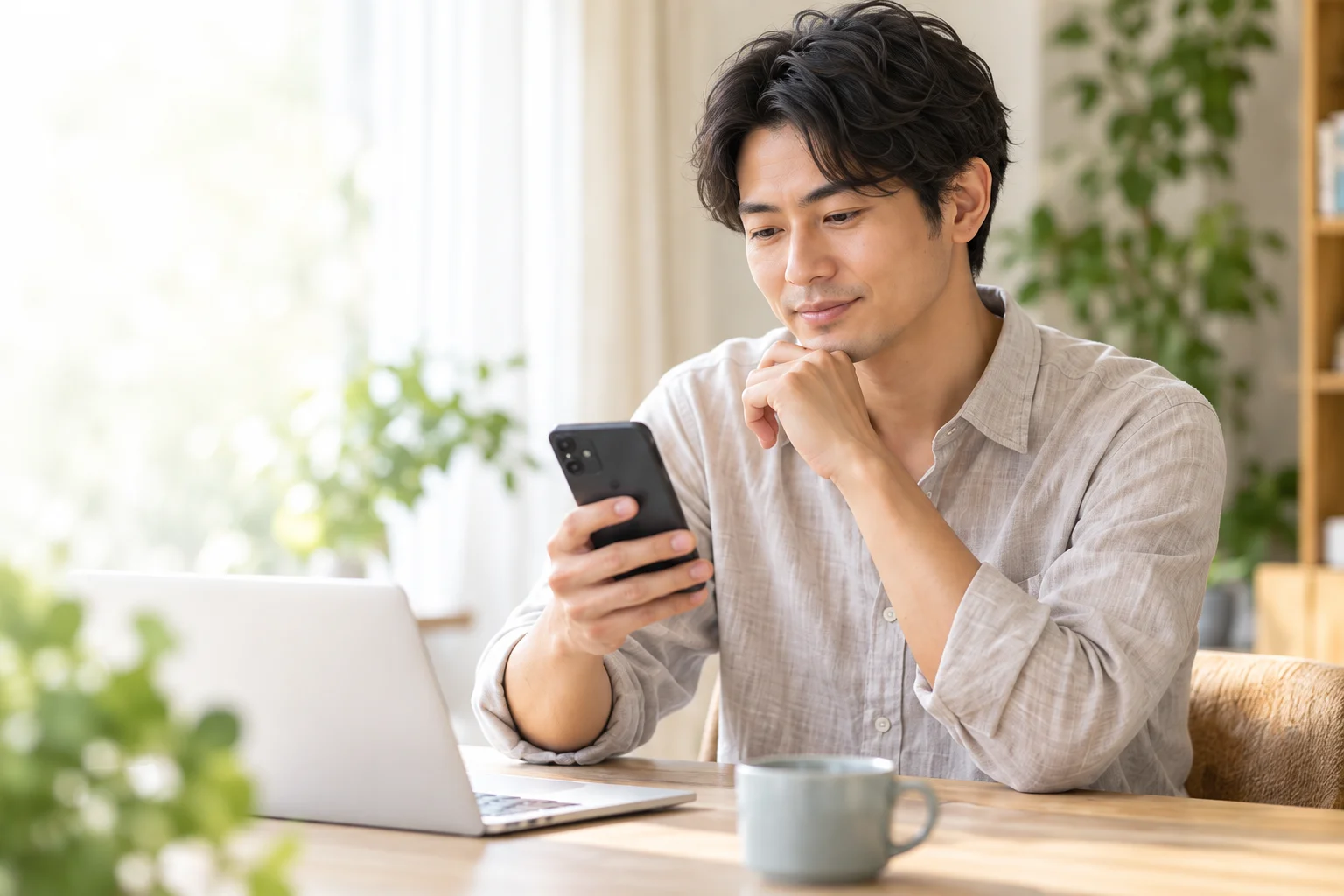 スマートフォンで相談先を調べる成人男性のイメージ